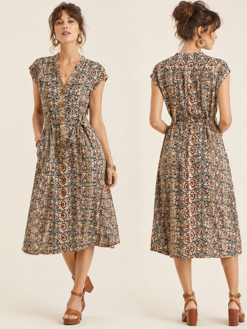 Emma James Beige Button Down Boho VTG Inspired Paisley Linen Midi Dress Size 10